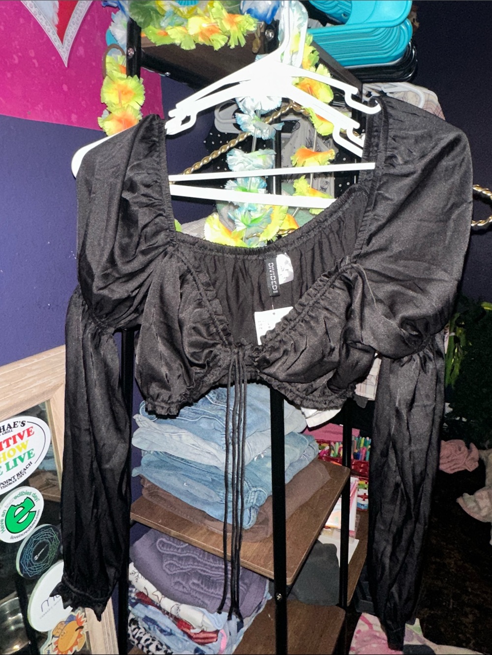Divided Black Satin Long-Sleeve Crop Top